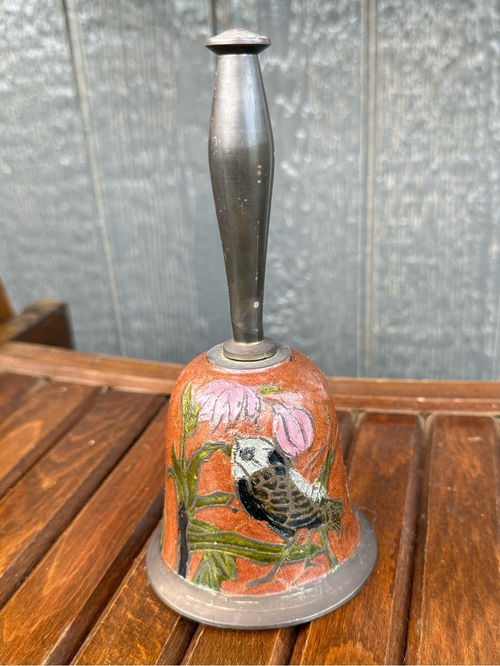 Vintage Enamel Solid Brass Bell Abstract Bird Floral & Greenery Made in India